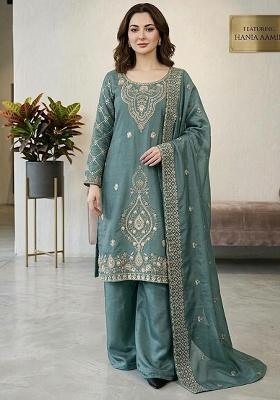 Blue Embroidery Silk Salwar Kameez
