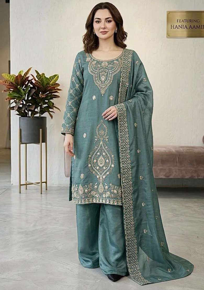 Blue Embroidery Silk Blend Salwar Kameez - Indya