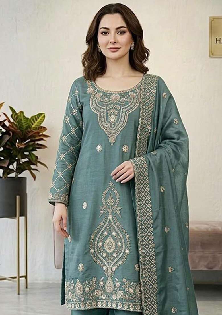 Blue Embroidery Silk Blend Salwar Kameez - Indya