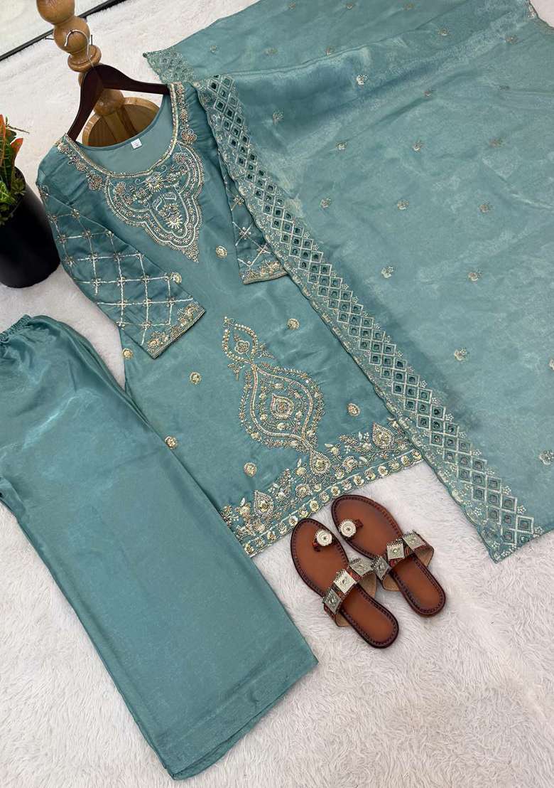 Blue Embroidery Silk Blend Salwar Kameez - Indya