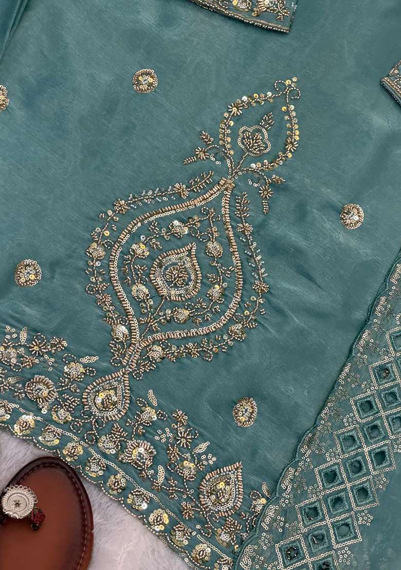 Blue Embroidery Silk Blend Salwar Kameez - Indya
