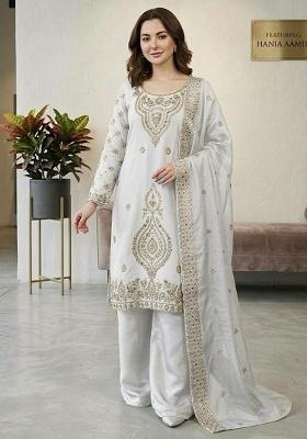 White Embroidery Silk Salwar Kameez