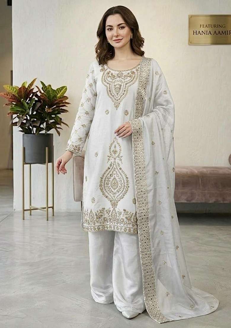 White Embroidery Silk Blend Salwar Kameez - Indya