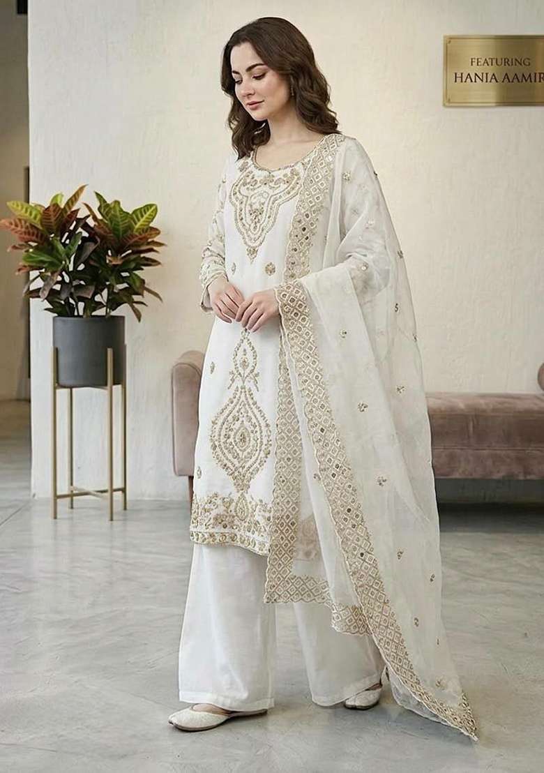 White Embroidery Silk Blend Salwar Kameez - Indya