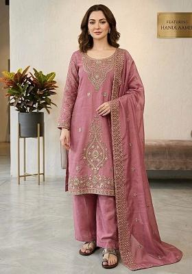 Pink Embroidery Silk Salwar Kameez