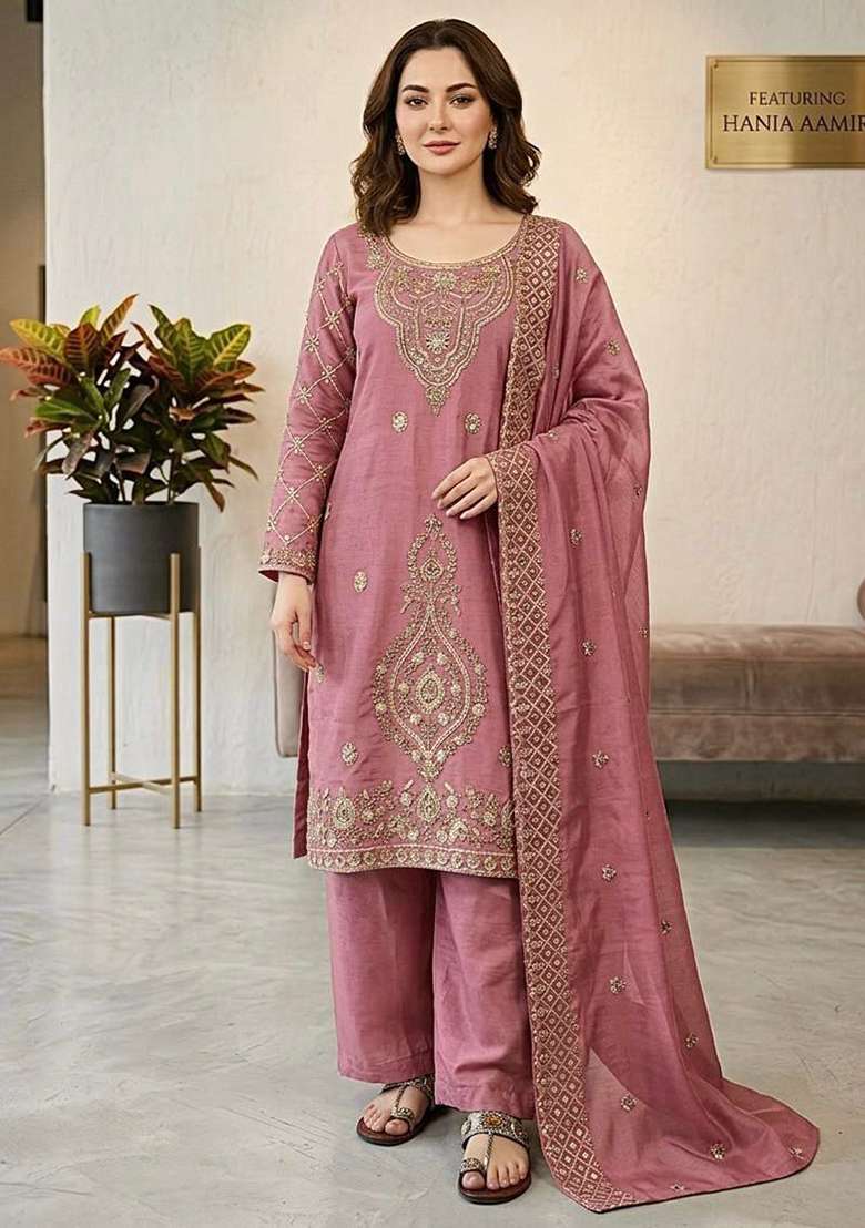 Pink Embroidery Silk Blend Salwar Kameez - Indya