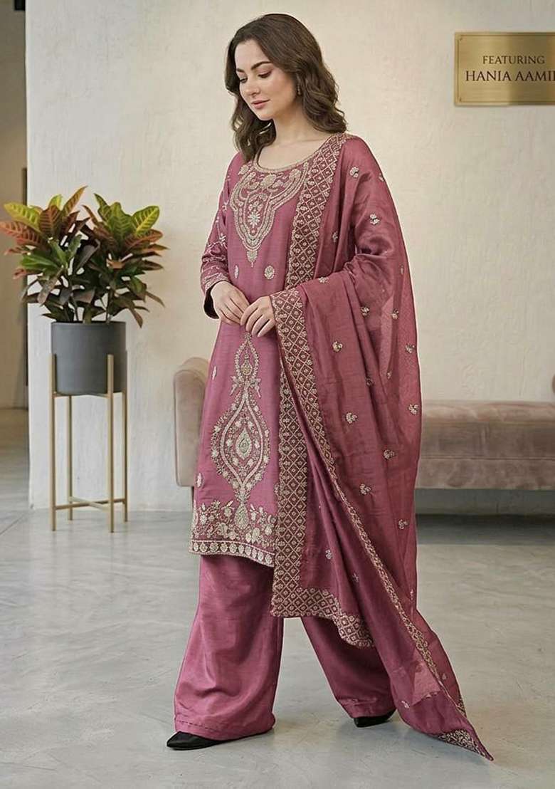 Pink Embroidery Silk Blend Salwar Kameez - Indya
