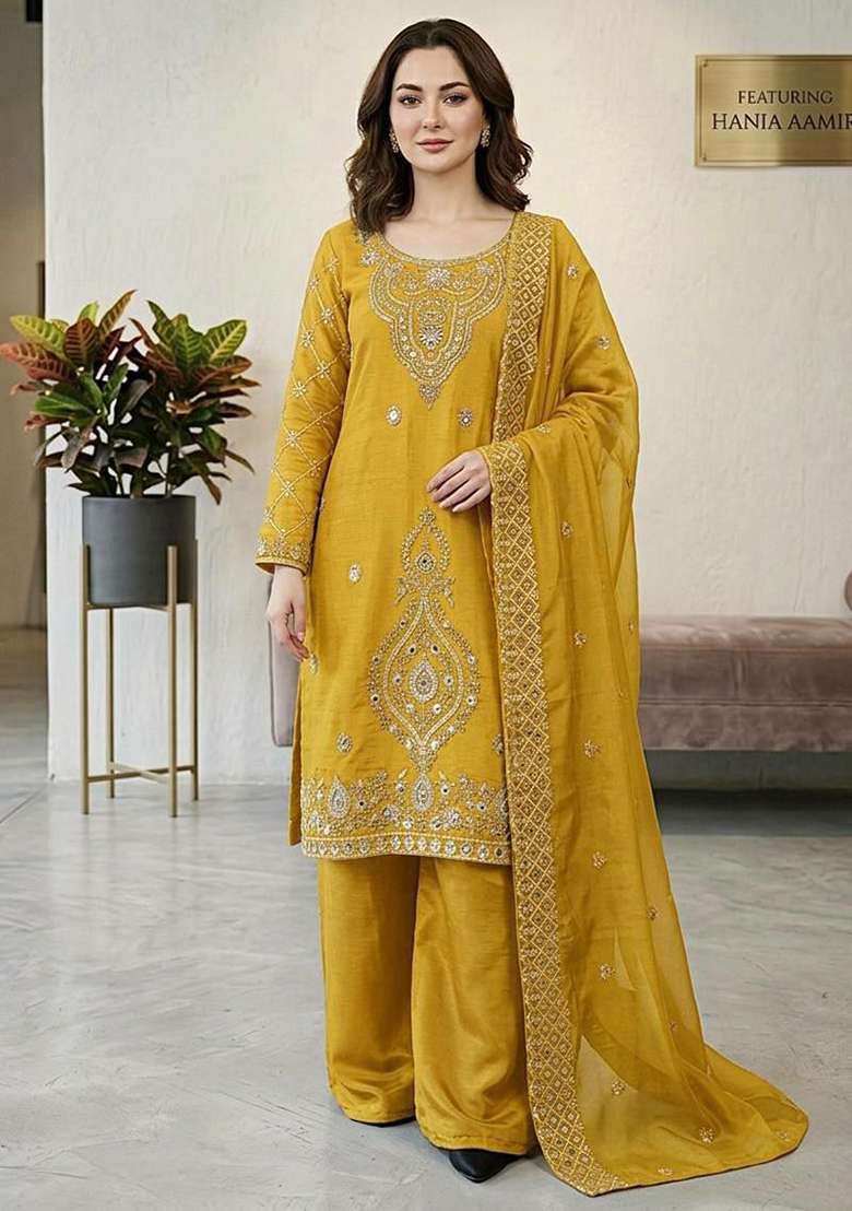 Yellow Embroidery Silk Blend Salwar Kameez - Indya