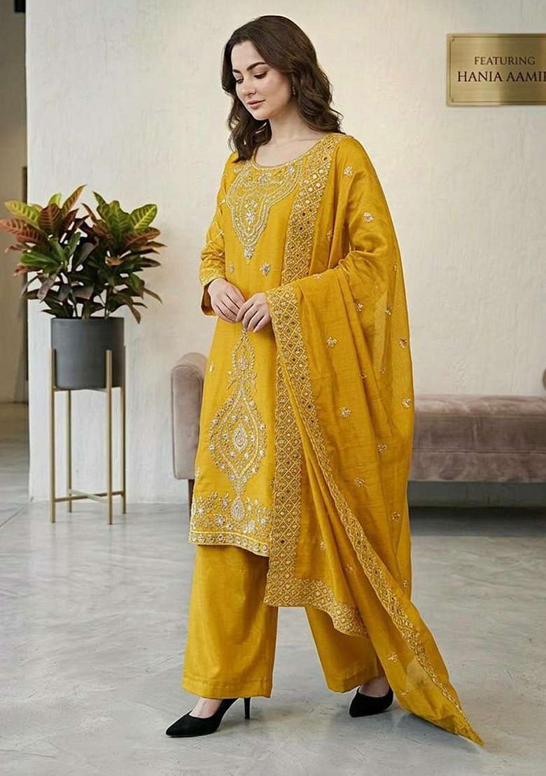Yellow Embroidery Silk Blend Salwar Kameez - Indya