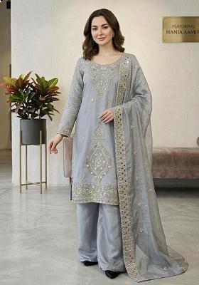Grey Embroidery Silk Salwar Kameez