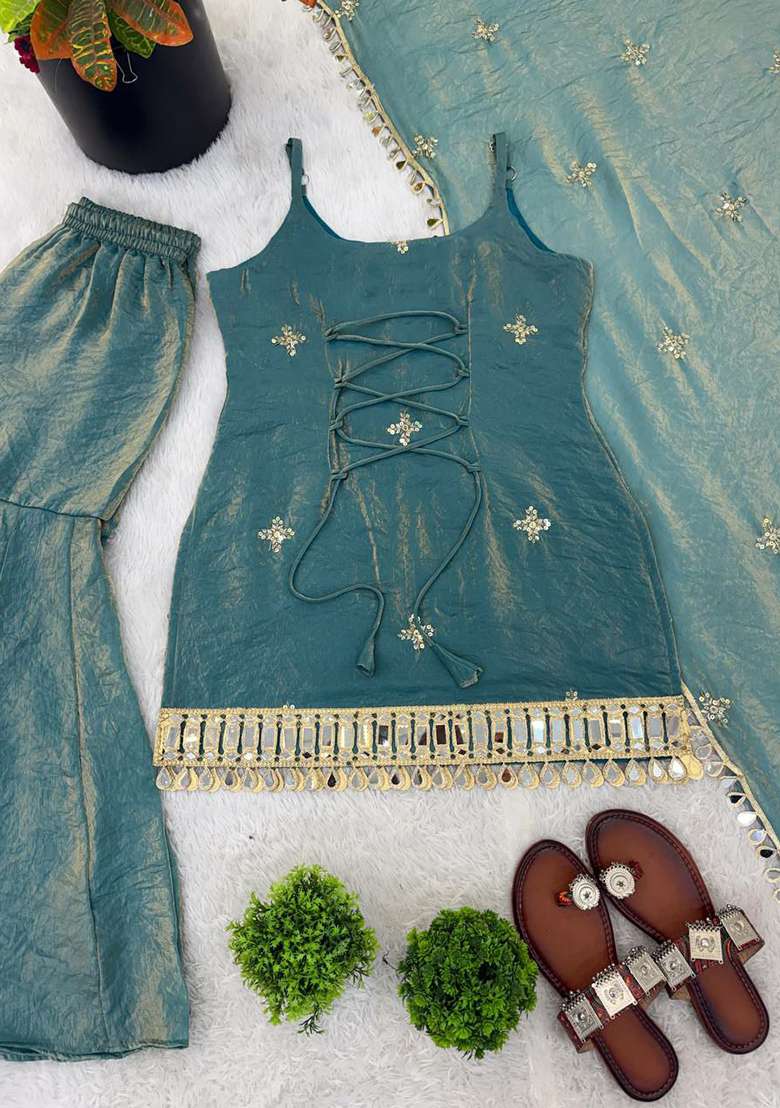 Blue Embroidery Silk Blend Salwar Kameez - Indya