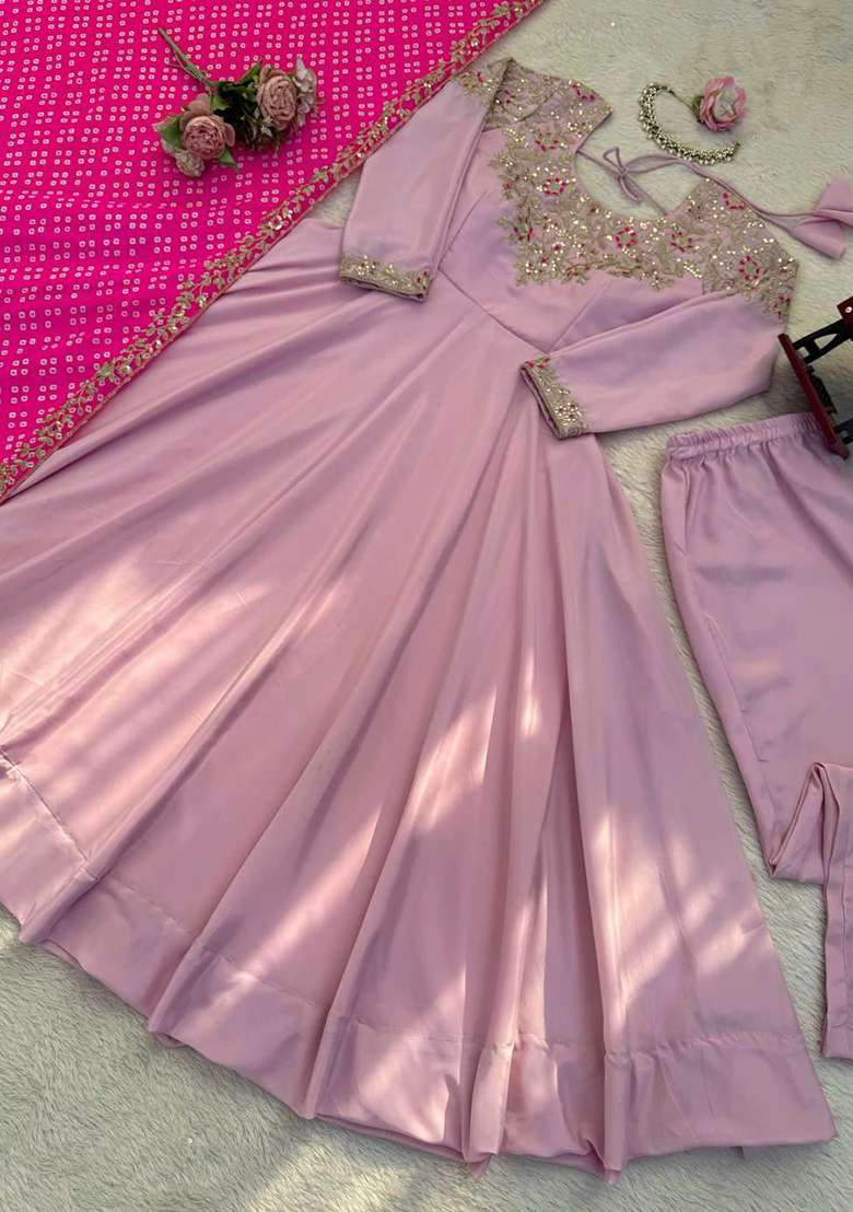 Pink Embroidery Silk Salwar Kameez - Indya