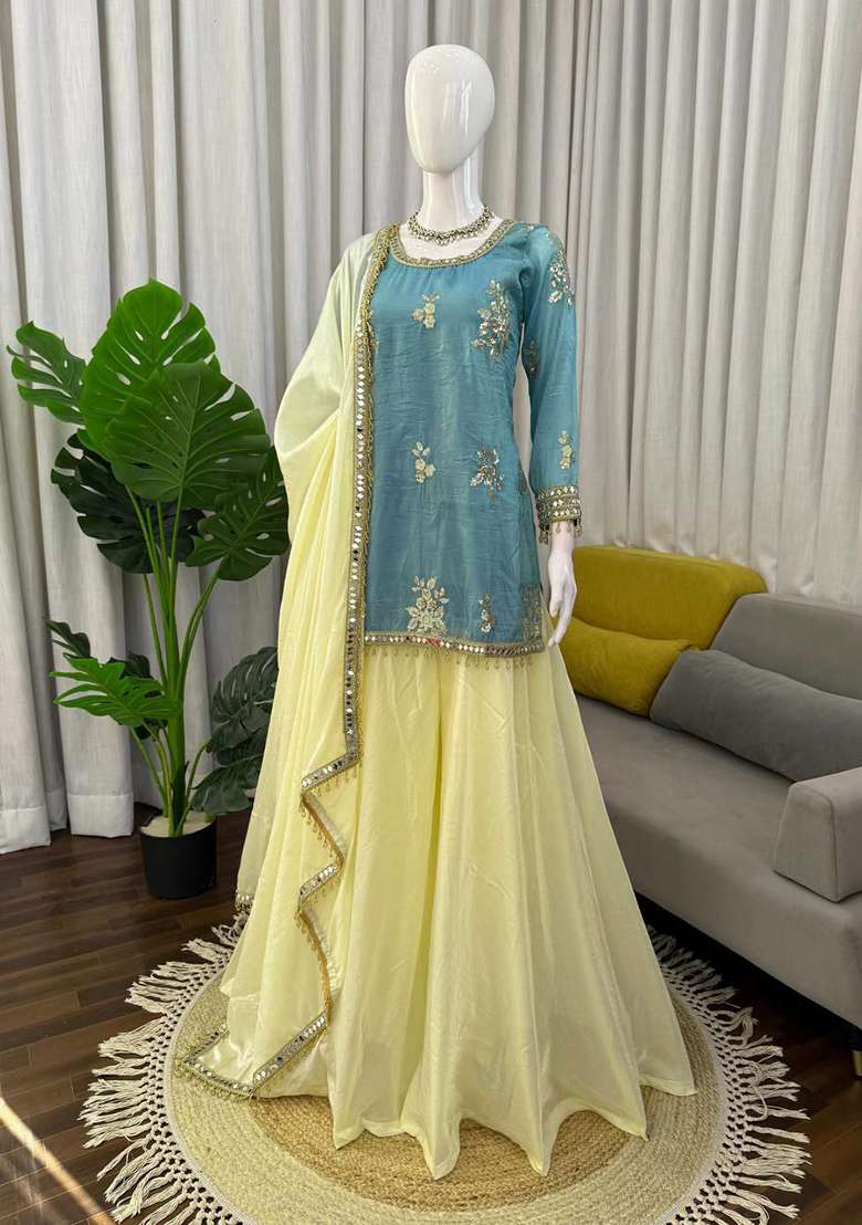 Blue Embroidery Silk Blend Salwar Kameez - Indya