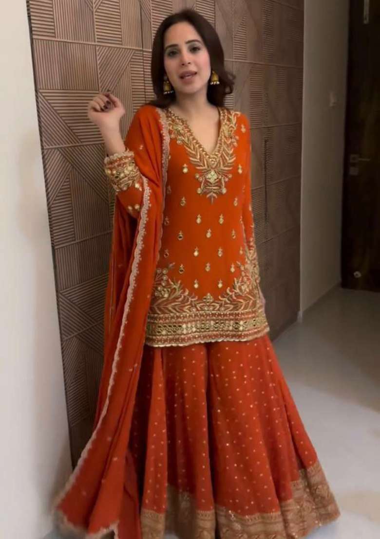 Orange Embroidery Georgette Salwar Kameez - Indya