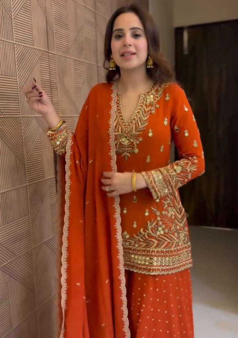 Orange Embroidery Georgette Salwar Kameez - Indya
