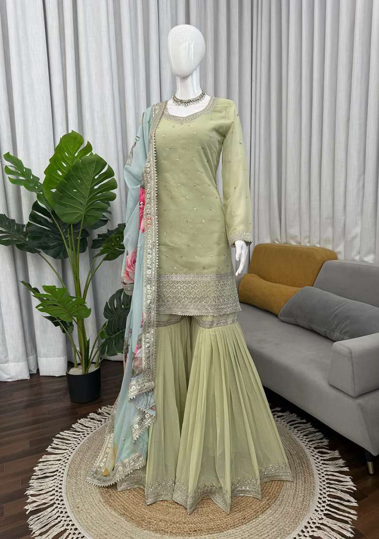 Green Embroidery Georgette Salwar Kameez - Indya