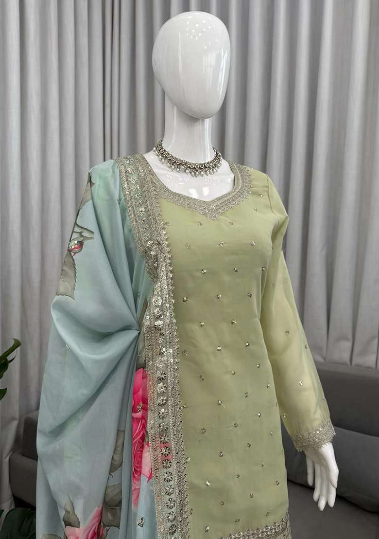 Green Embroidery Georgette Salwar Kameez - Indya