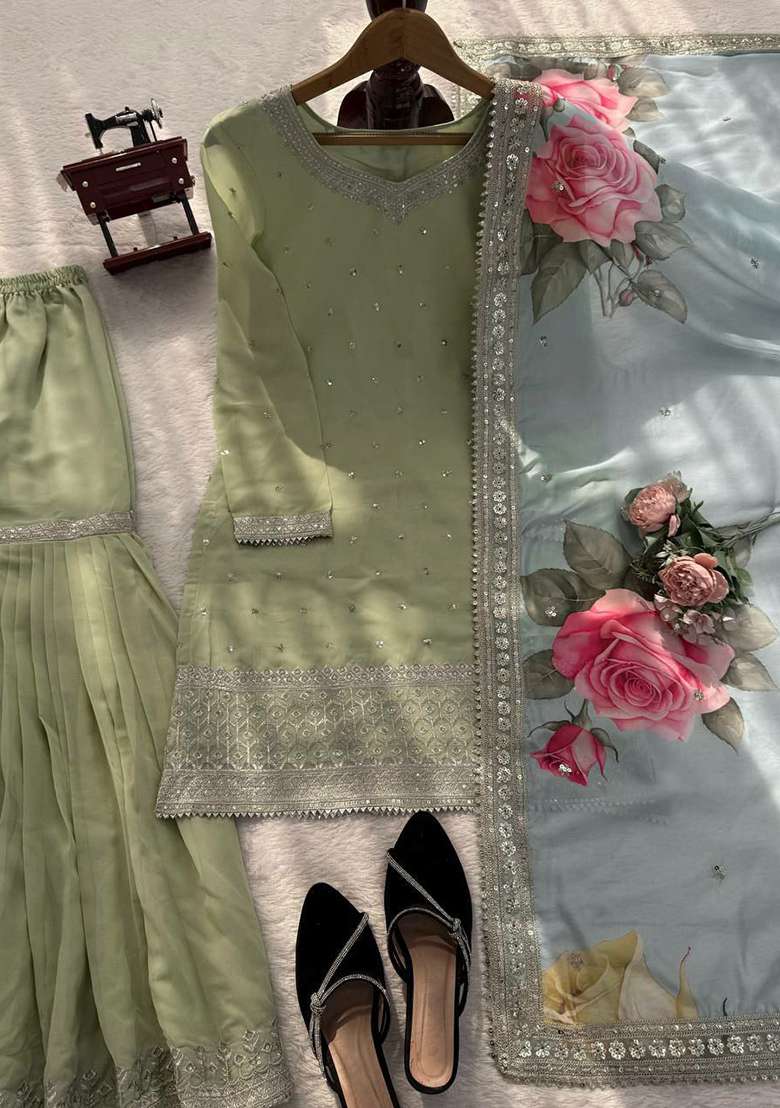 Green Embroidery Georgette Salwar Kameez - Indya