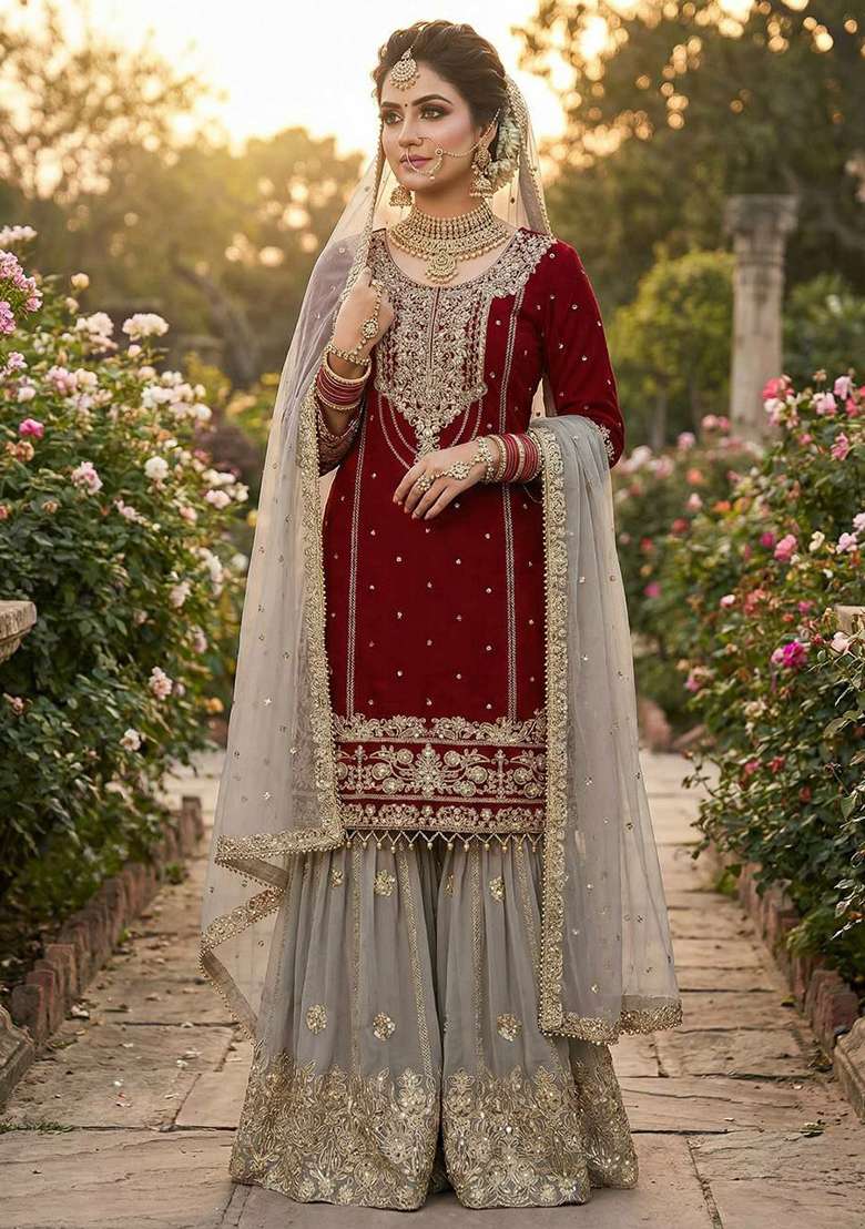 Red Embroidery Georgette Salwar Kameez - Indya