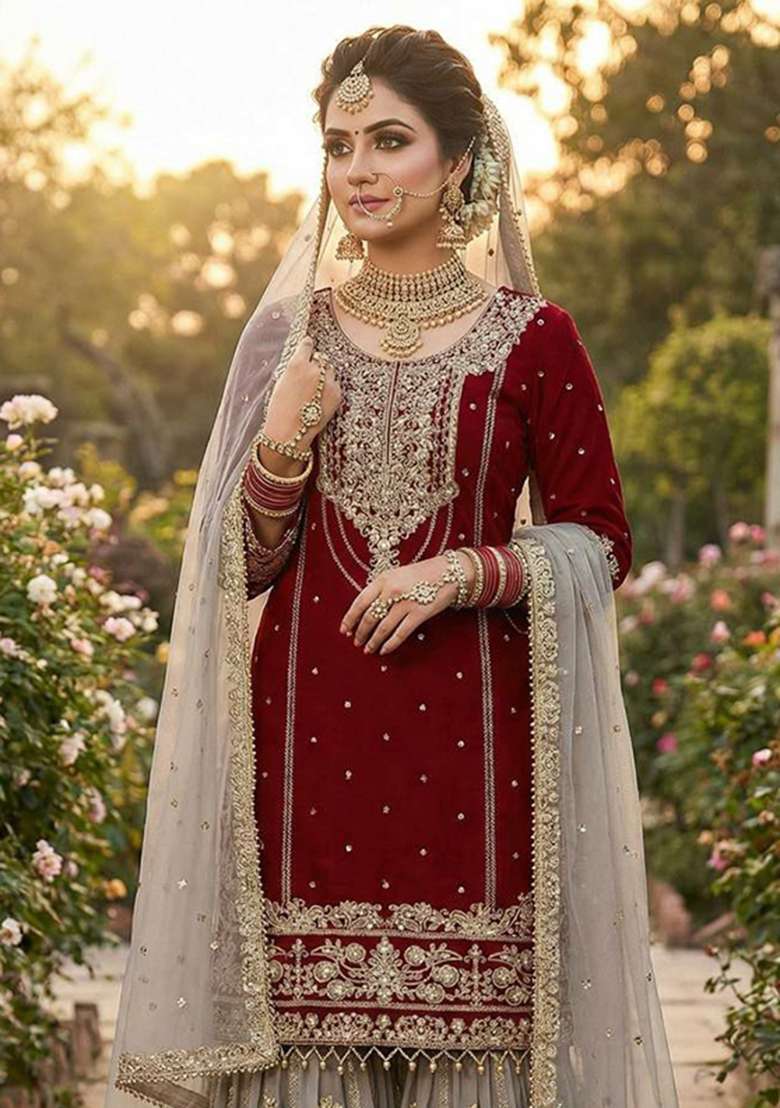 Red Embroidery Georgette Salwar Kameez - Indya