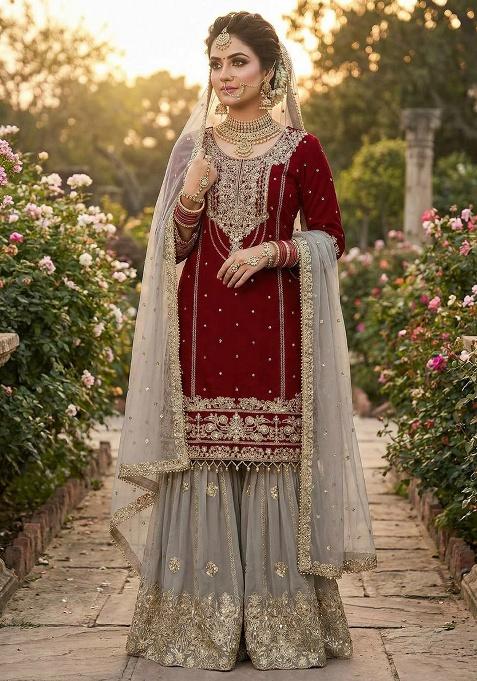 Red Embroidery Georgette Salwar Kameez