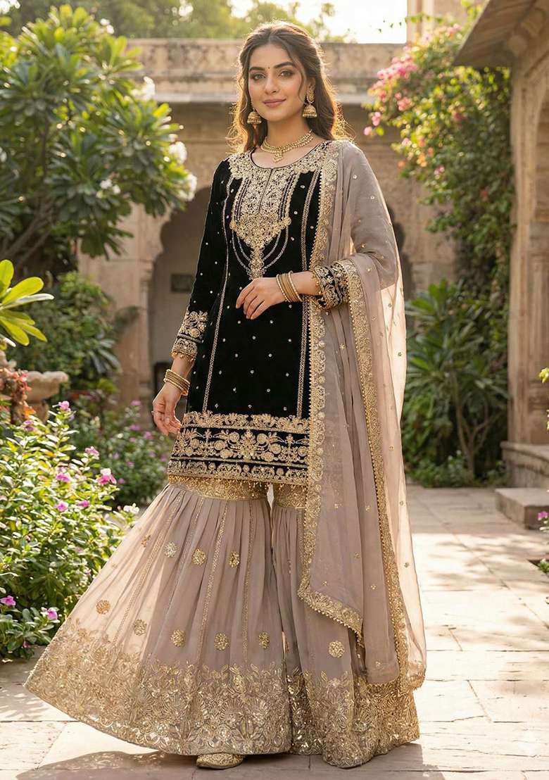 Black Embroidery Georgette Salwar Kameez - Indya