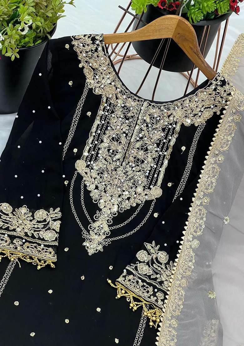 Black Embroidery Georgette Salwar Kameez - Indya