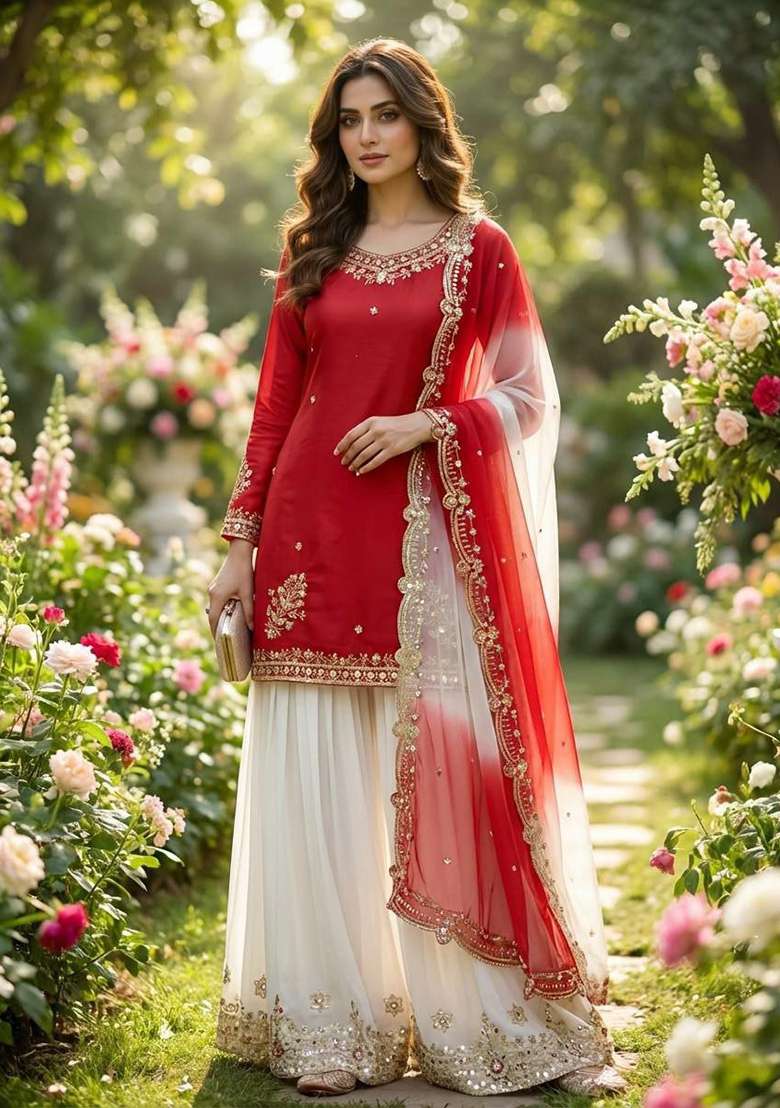 Red Embroidery Crepe Salwar Kameez - Indya