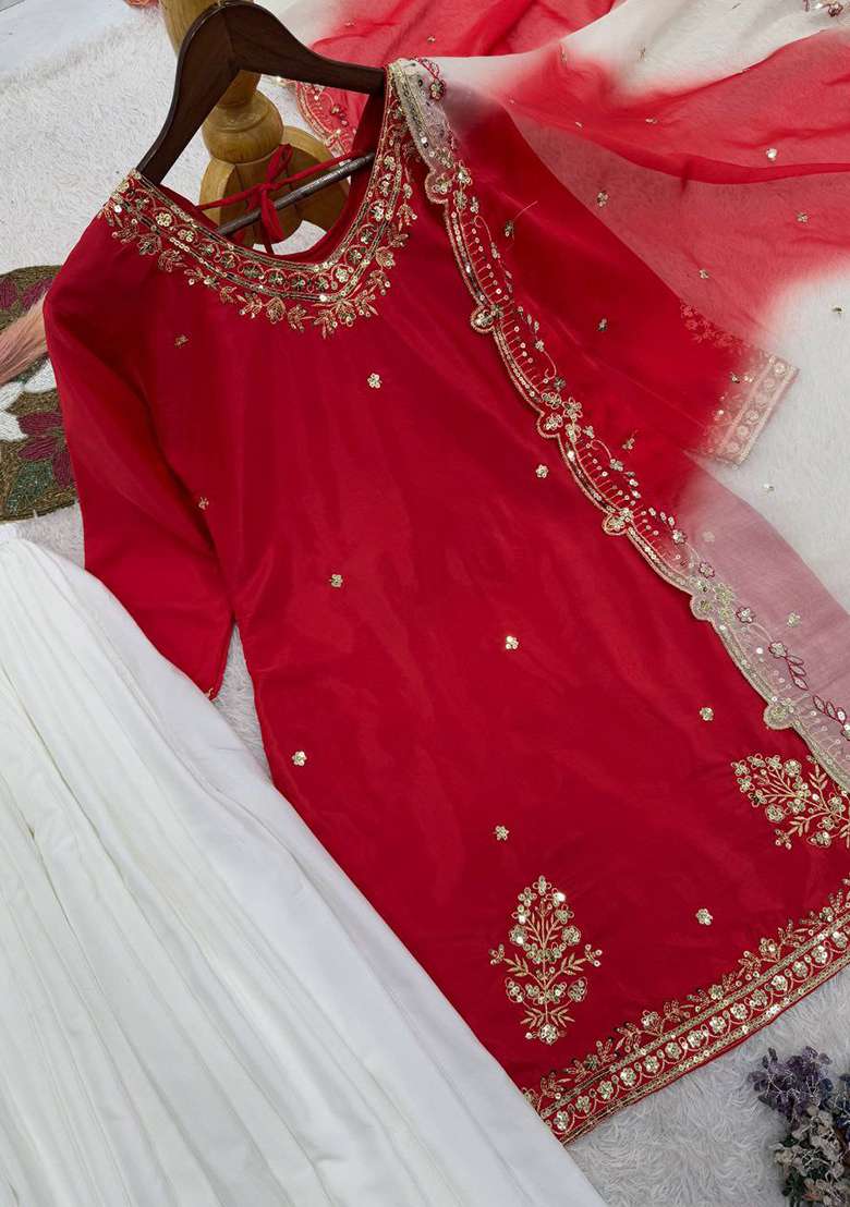 Red Embroidery Crepe Salwar Kameez - Indya