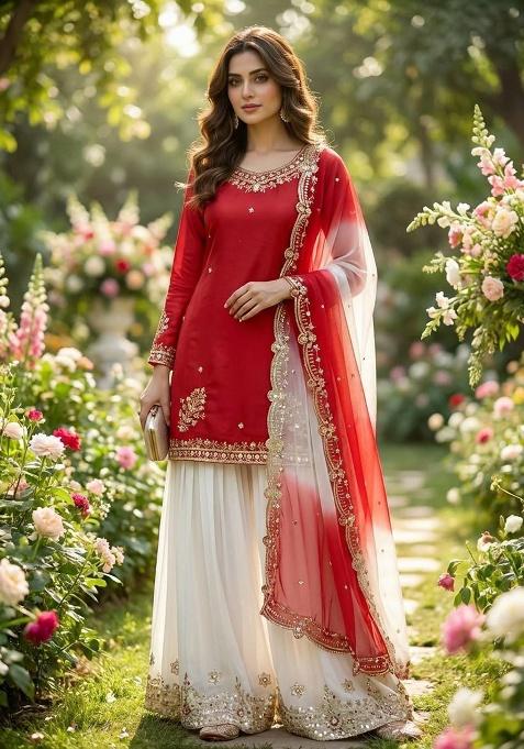 Red Embroidery Crepe Salwar Kameez