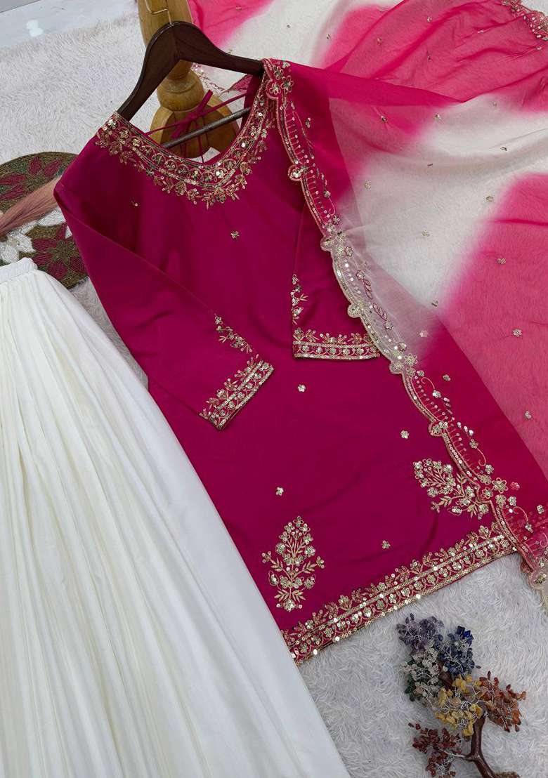Pink Embroidery Crepe Salwar Kameez - Indya