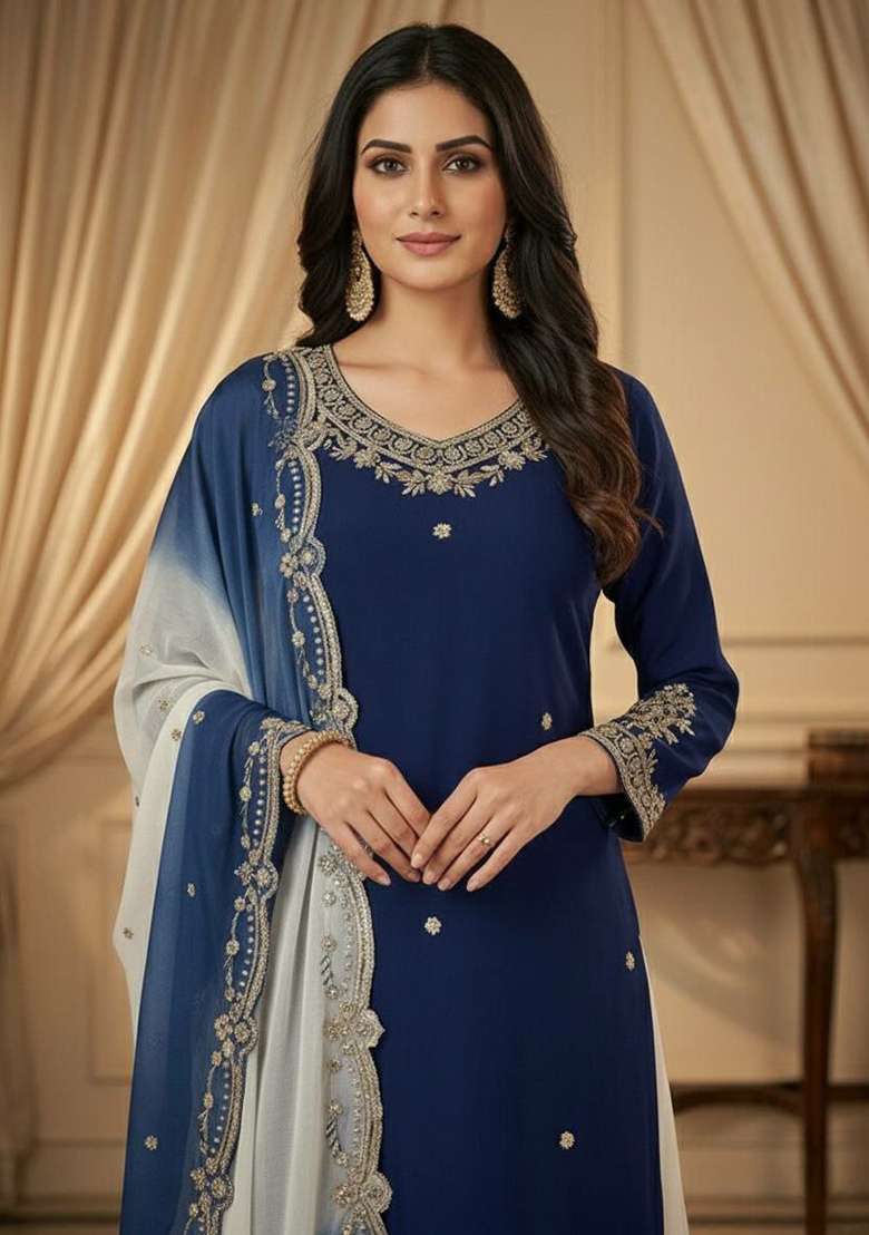 Blue Embroidery Crepe Salwar Kameez - Indya