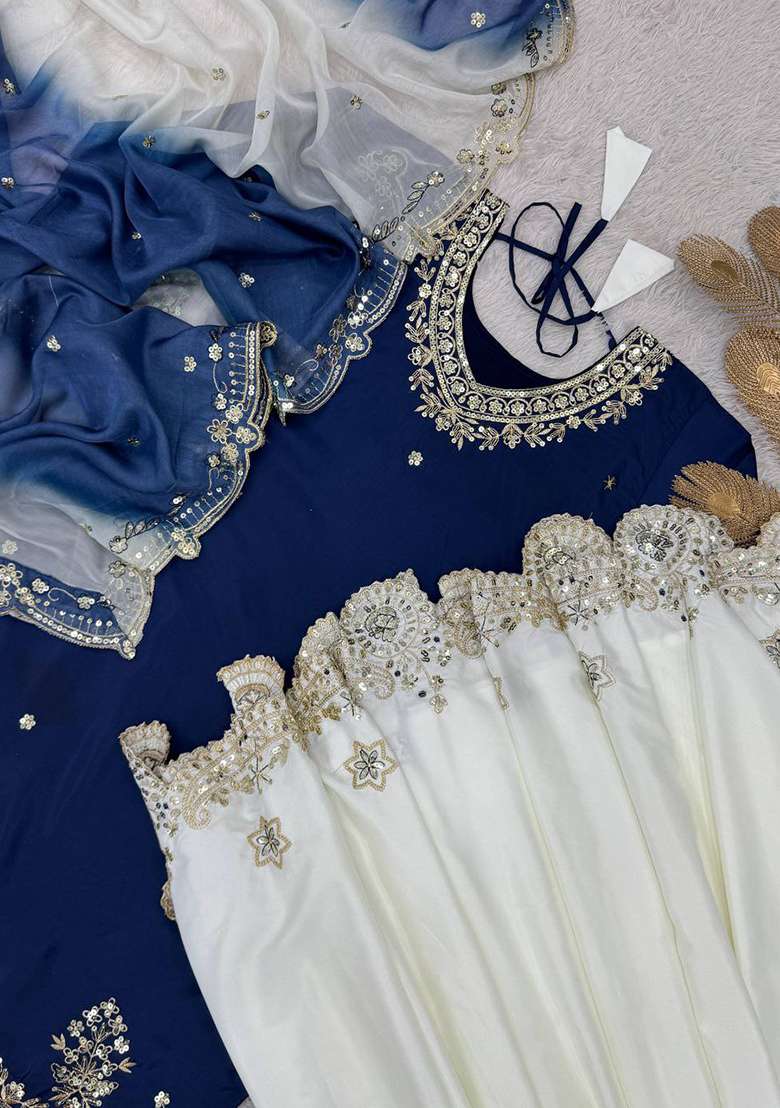 Blue Embroidery Crepe Salwar Kameez - Indya