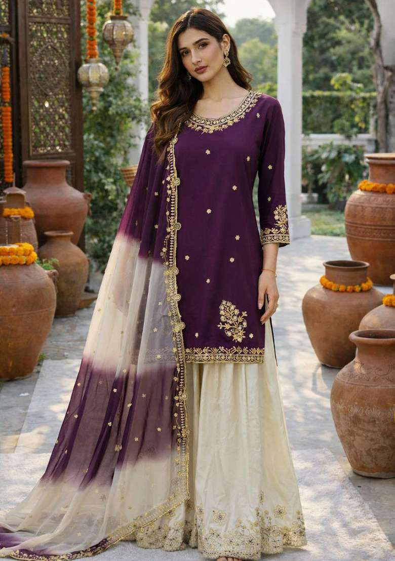 Purple Embroidery Crepe Salwar Kameez - Indya