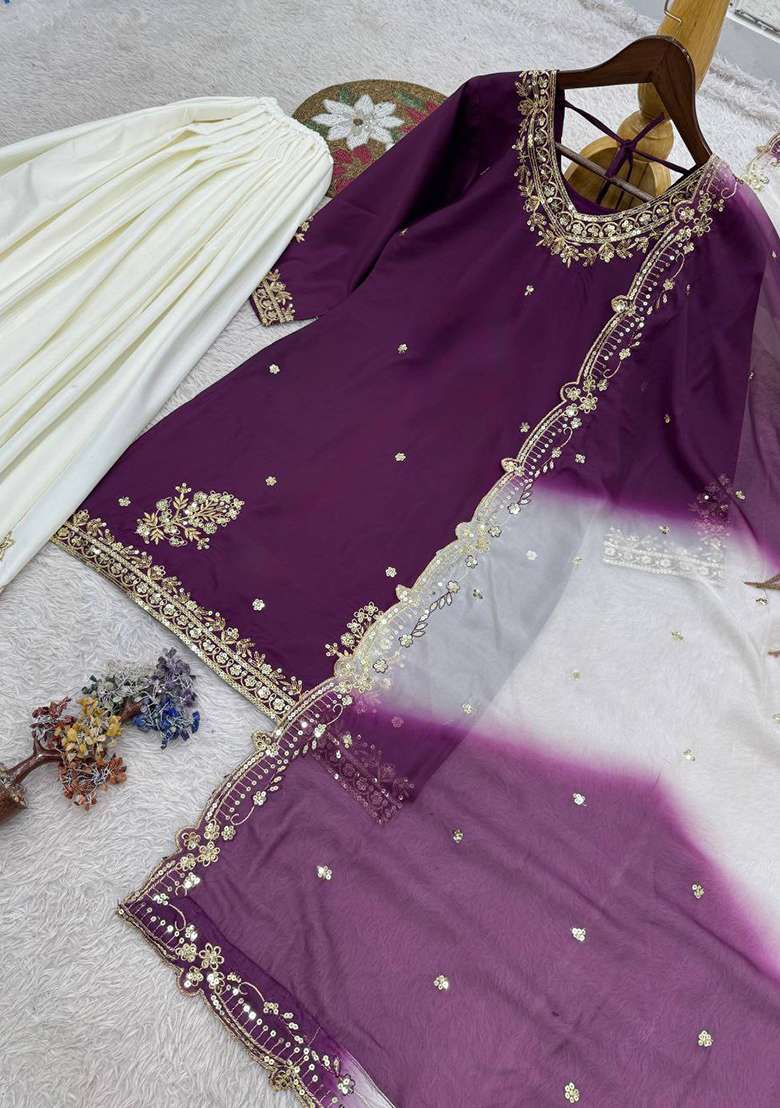 Purple Embroidery Crepe Salwar Kameez - Indya