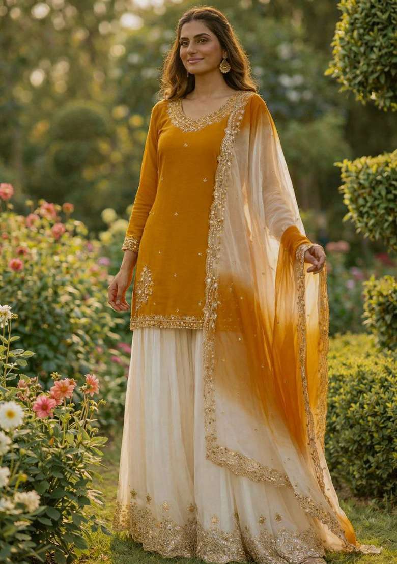 Yellow Embroidery Crepe Salwar Kameez - Indya