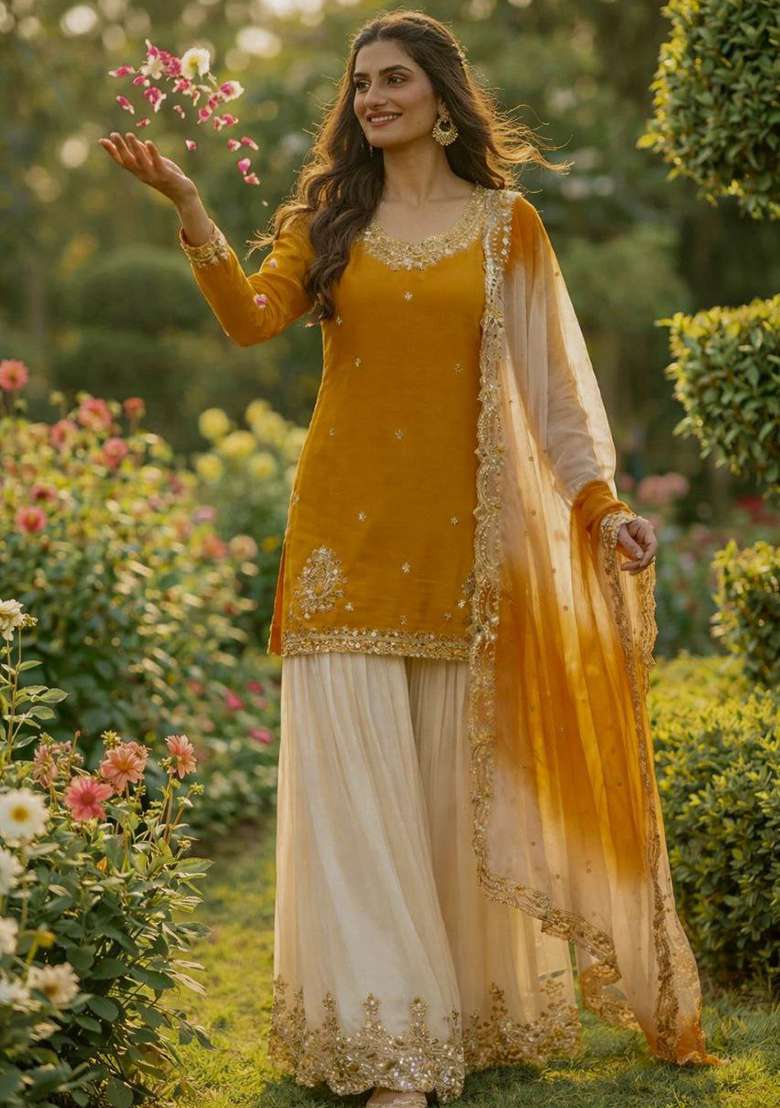 Yellow Embroidery Crepe Salwar Kameez - Indya