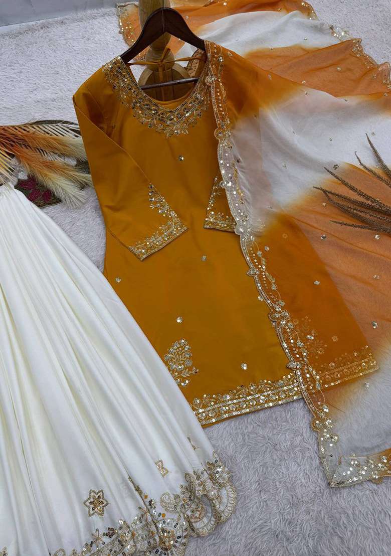 Yellow Embroidery Crepe Salwar Kameez - Indya
