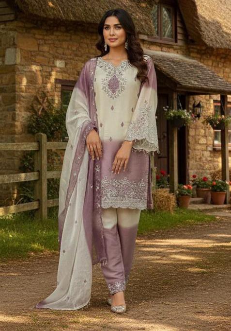 Purple Embroidery Silk Salwar Kameez — view on Indya