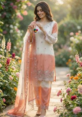 Peach Embroidery Silk Salwar Kameez