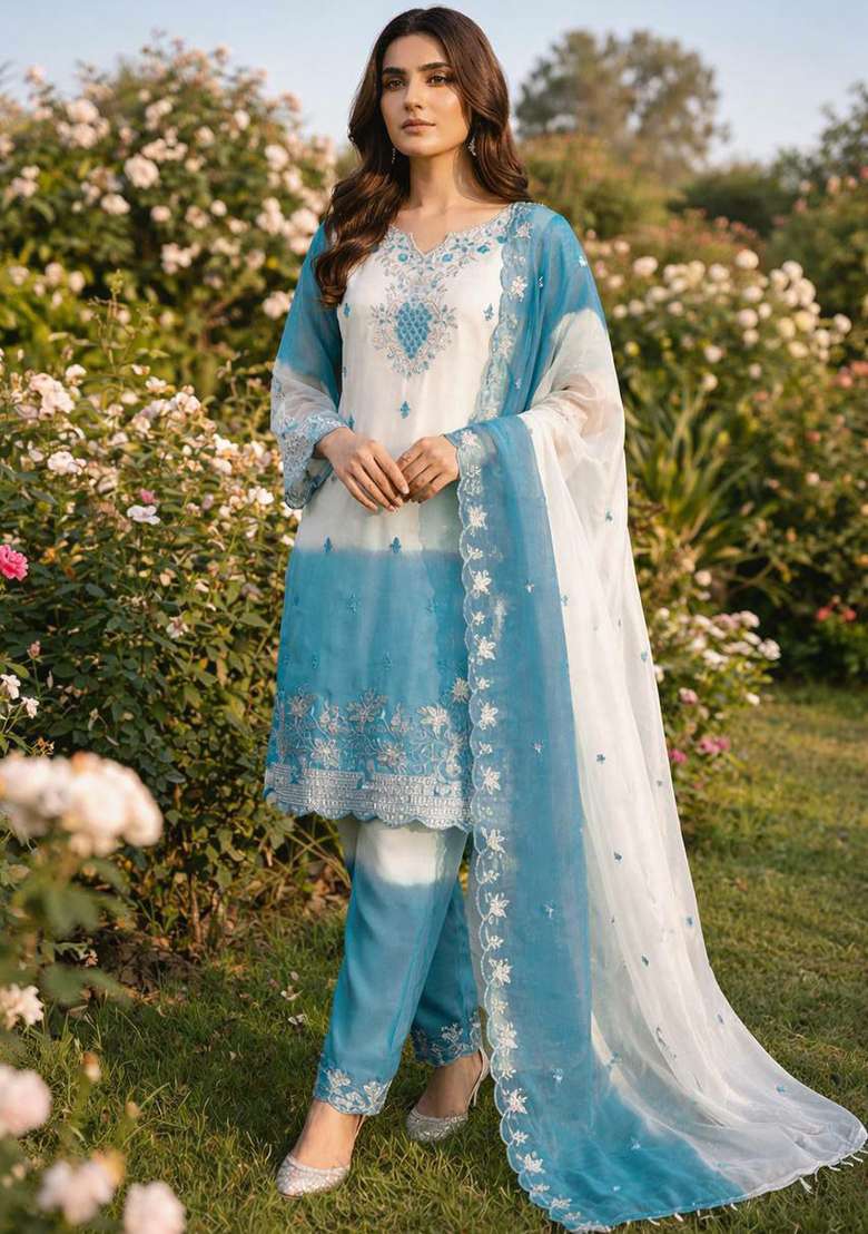 Blue Embroidery Silk Blend Salwar Kameez - Indya