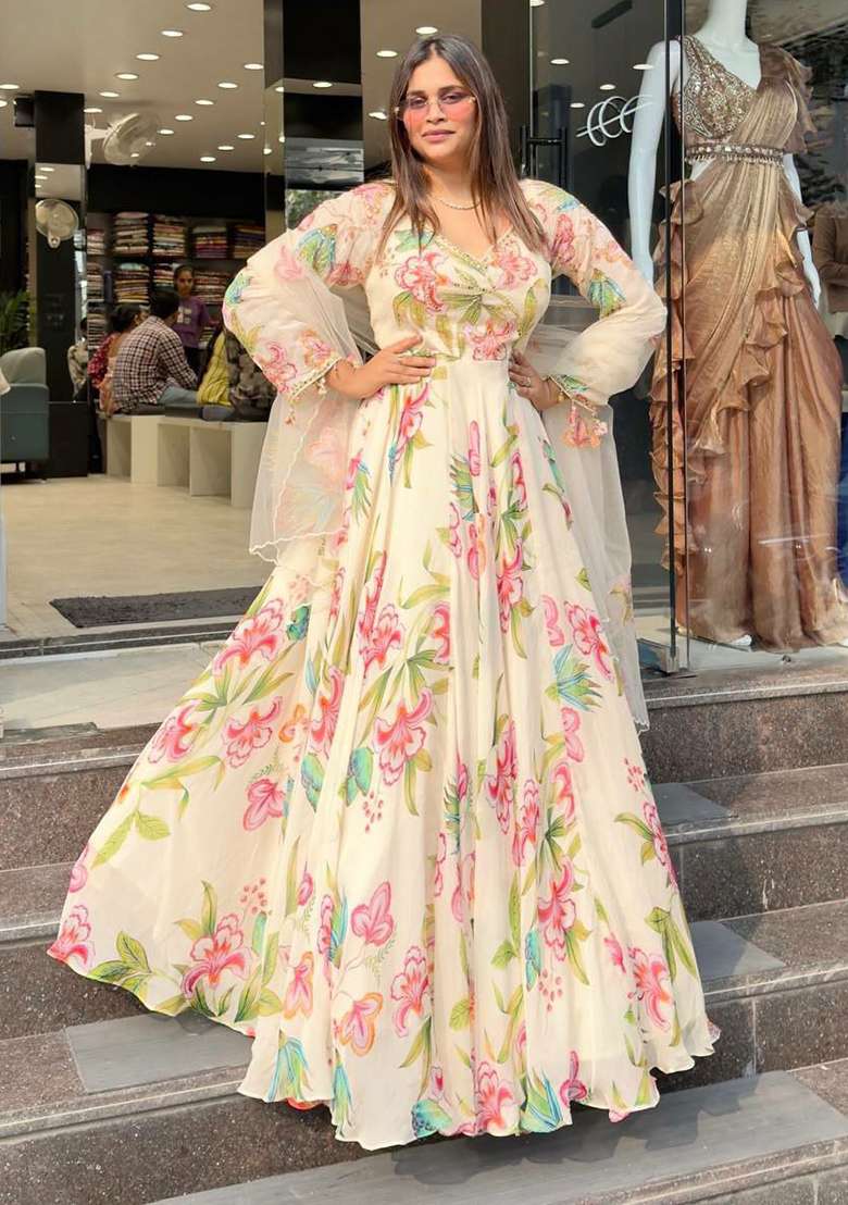 White Embroidery Georgette Salwar Kameez - Indya