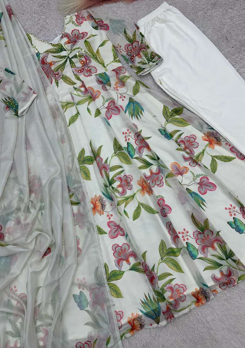 White Embroidery Georgette Salwar Kameez - Indya