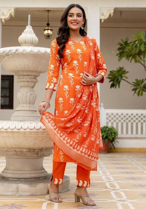 Orange Embroidery Cotton Kurti Set