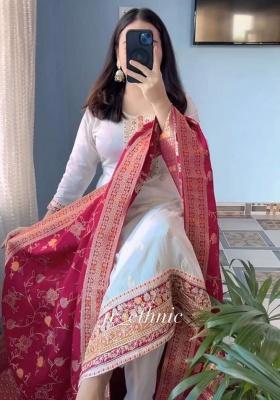 White Embroidery Silk Kurti Set