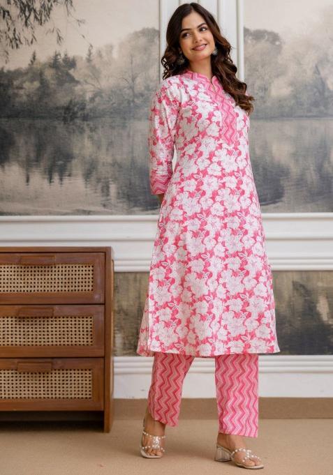 Pink Embroidery Cotton Kurti Set