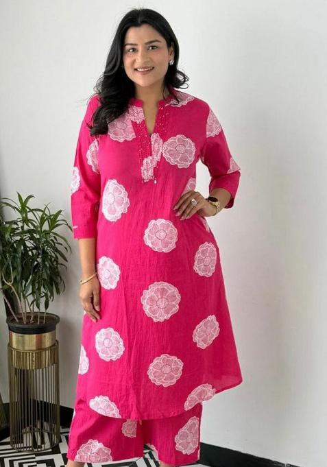 Rani Pink Embroidery Cotton Kurti Set