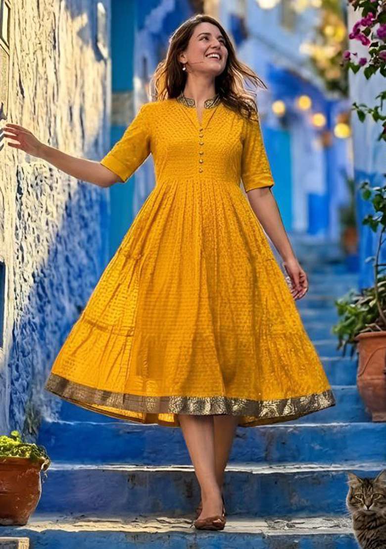 Yellow Embroidery Hakoba Kurti Set - Indya