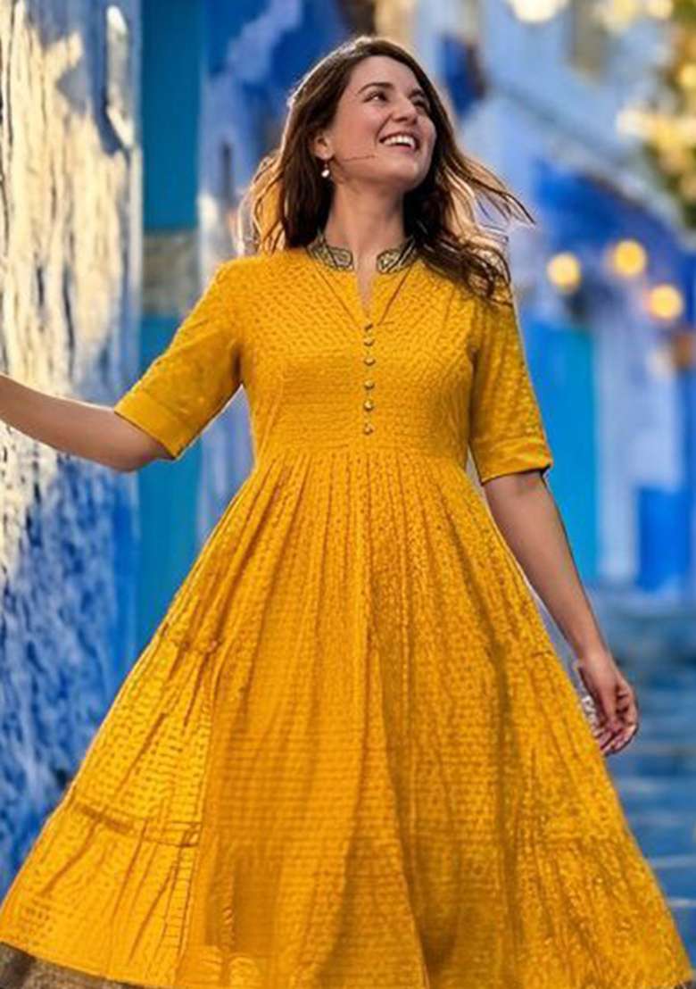 Yellow Embroidery Hakoba Kurti Set - Indya