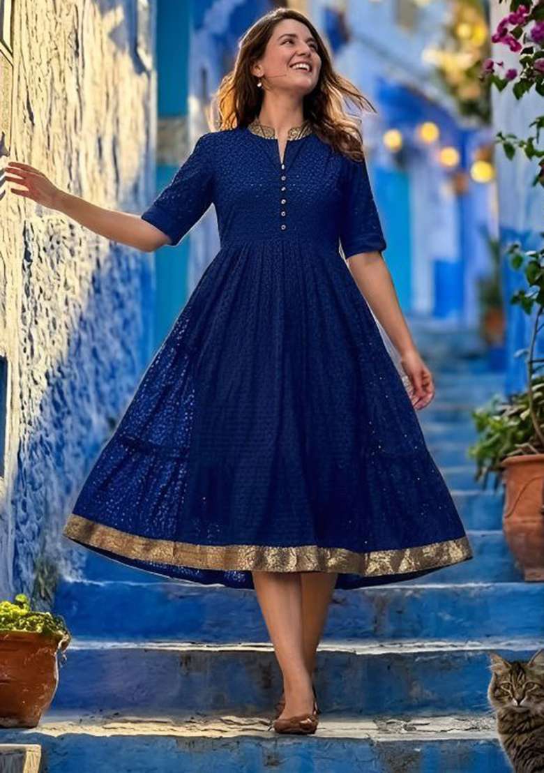 Blue Embroidery Hakoba Kurti Set - Indya